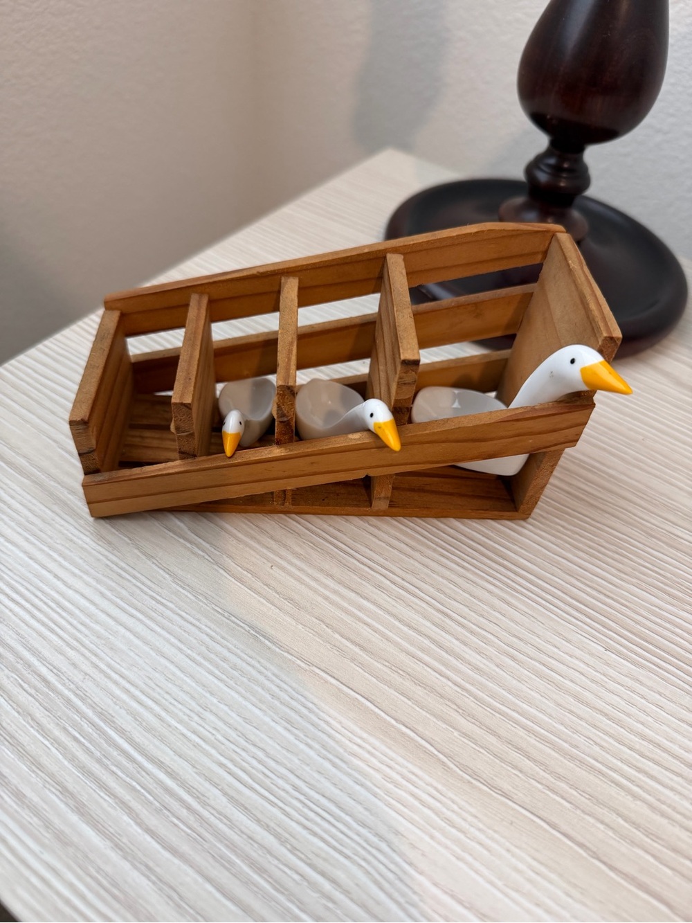 White and Yellow Ceramic Geese Family TSP in Wooden Crate